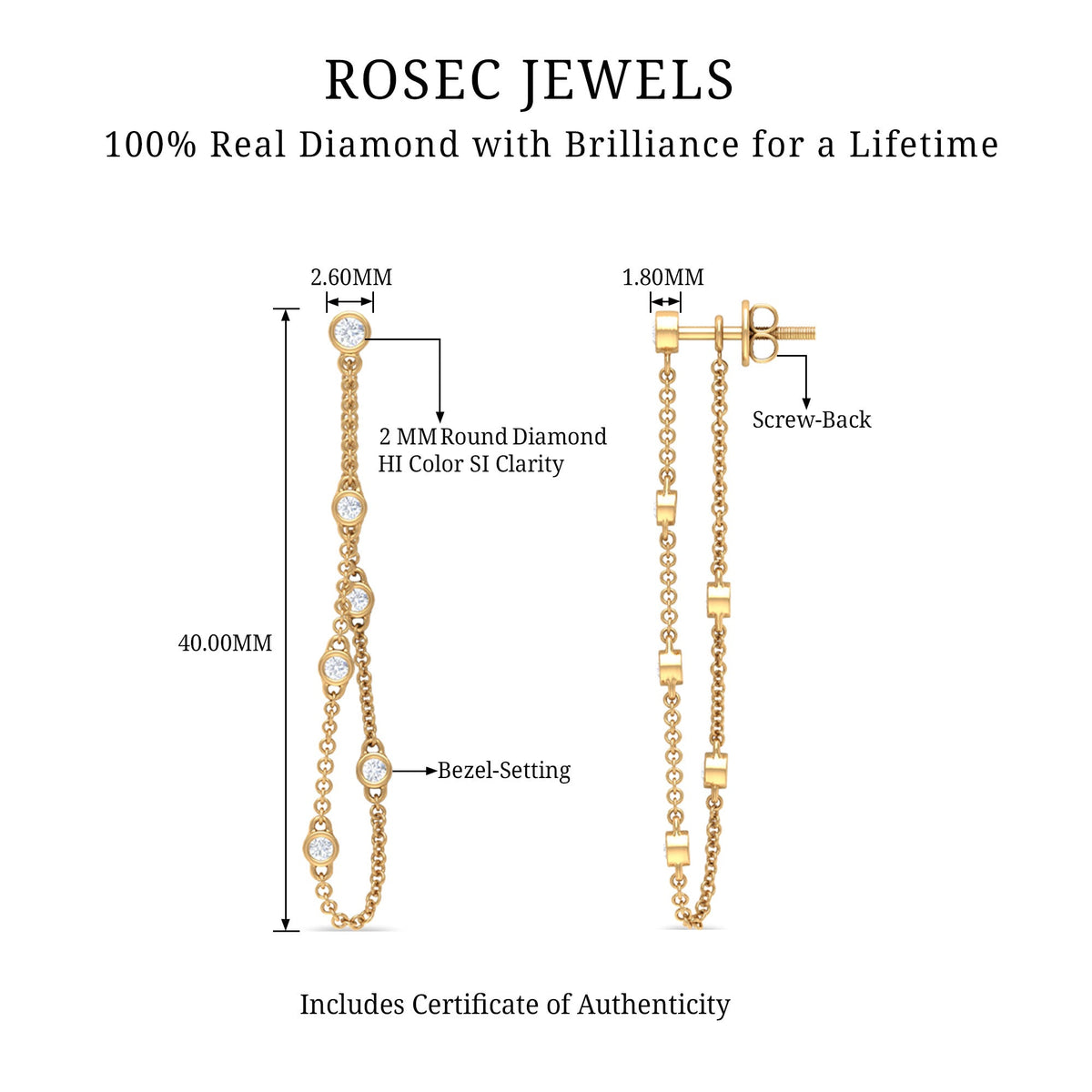 Bezel set real diamond chain earrings by Rosec Jewels showcasing sparkling diamonds and elegant design.