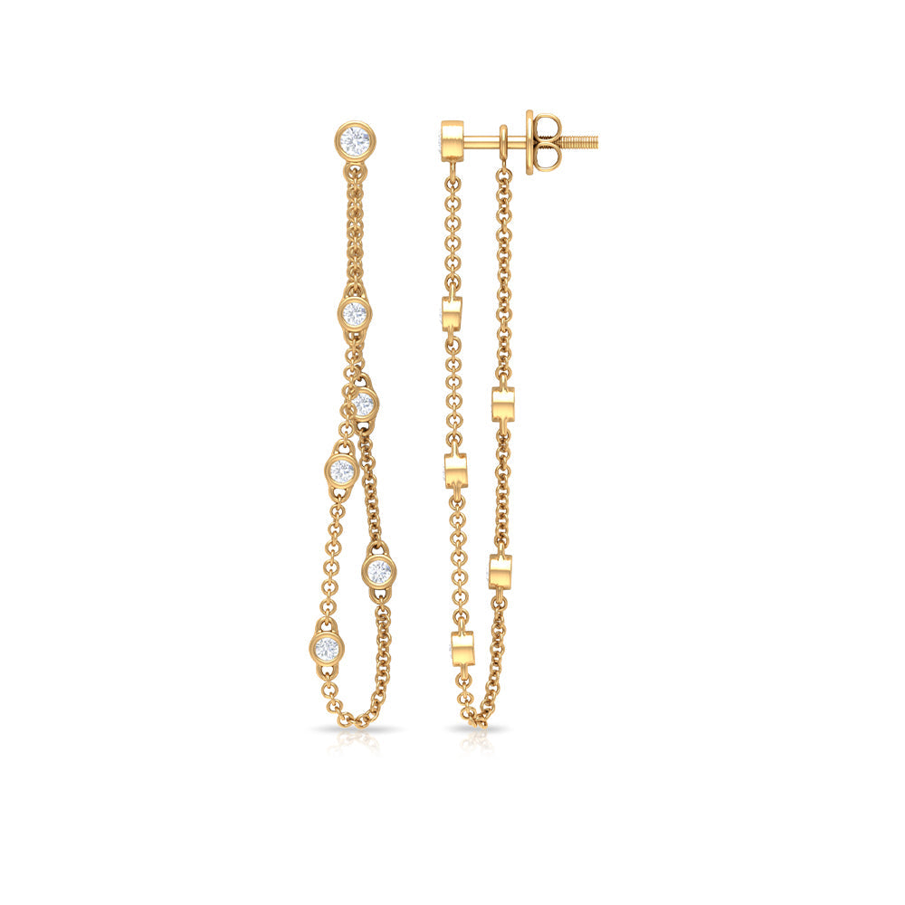 Rosec Jewels bezel set real diamond chain earrings featuring sparkling diamonds and intricate design on elegant earring hooks.