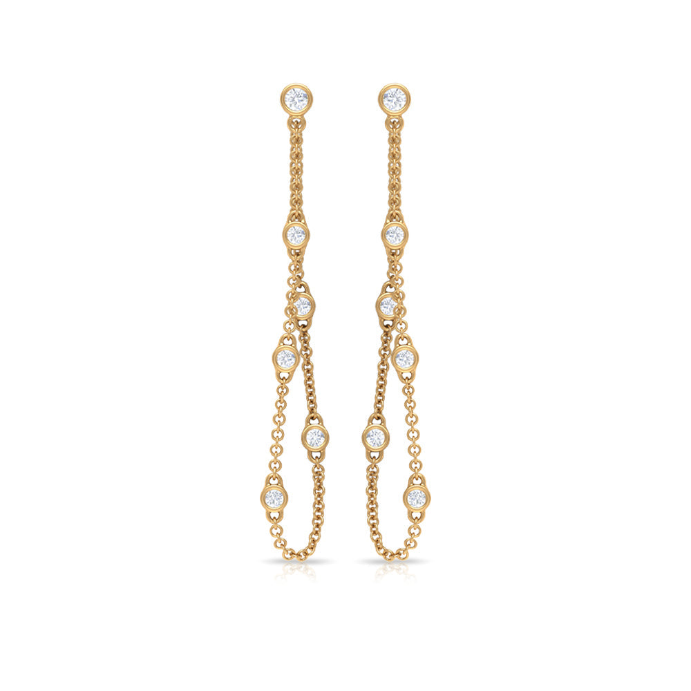 Rosec Jewels bezel set real diamond chain earrings with sparkling diamonds and intricate chain design on a white background.