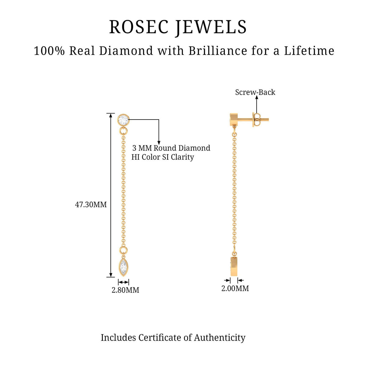 Certified Diamond Dangle Chain Earrings in Bezel Setting