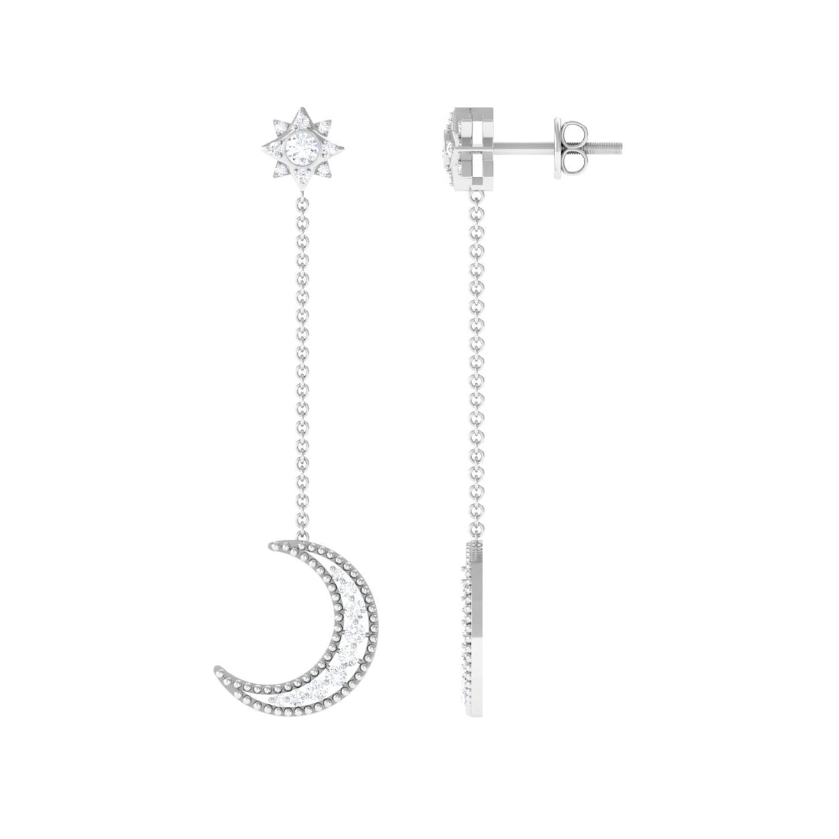 Rosec Jewels Certified Diamond Star and Moon Chain Earrings, elegant jewelry with sparkling diamond accents and celestial design.