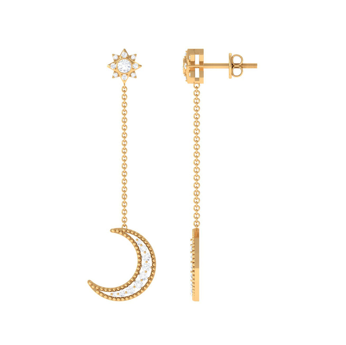 Rosec Jewels certified diamond star and moon earrings, delicate silver chain earrings with sparkling diamond accents.