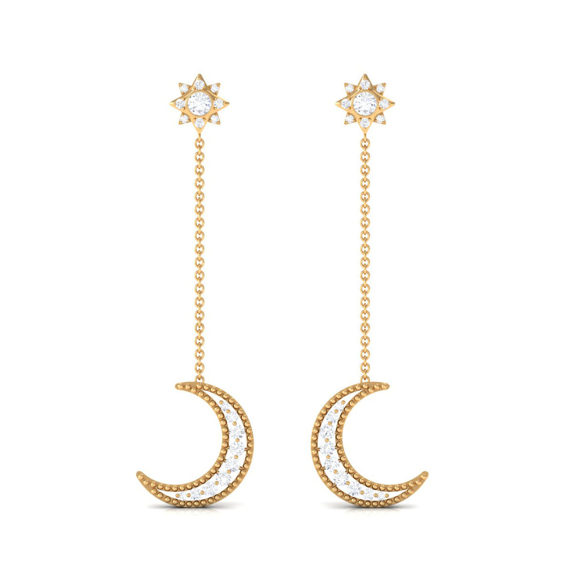 Rosec Jewels certified diamond star and moon chain earrings, featuring sparkling diamond accents and celestial design.