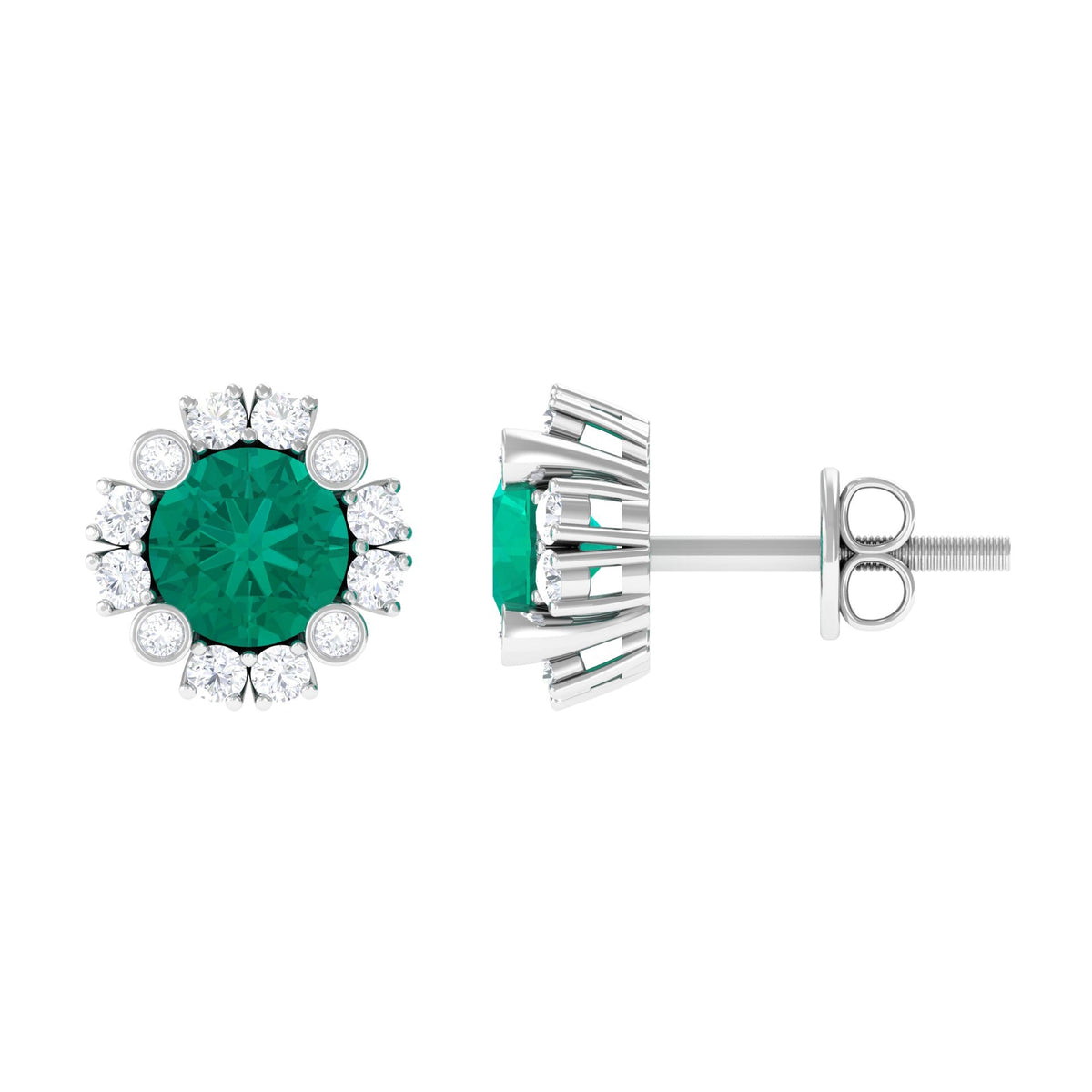 Rosec Jewels real 0.99 carat emerald and diamond halo stud earrings with sparkling gemstones and elegant design.