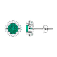Rosec Jewels real 0.99 carat emerald and diamond halo stud earrings with sparkling gemstones and elegant design.