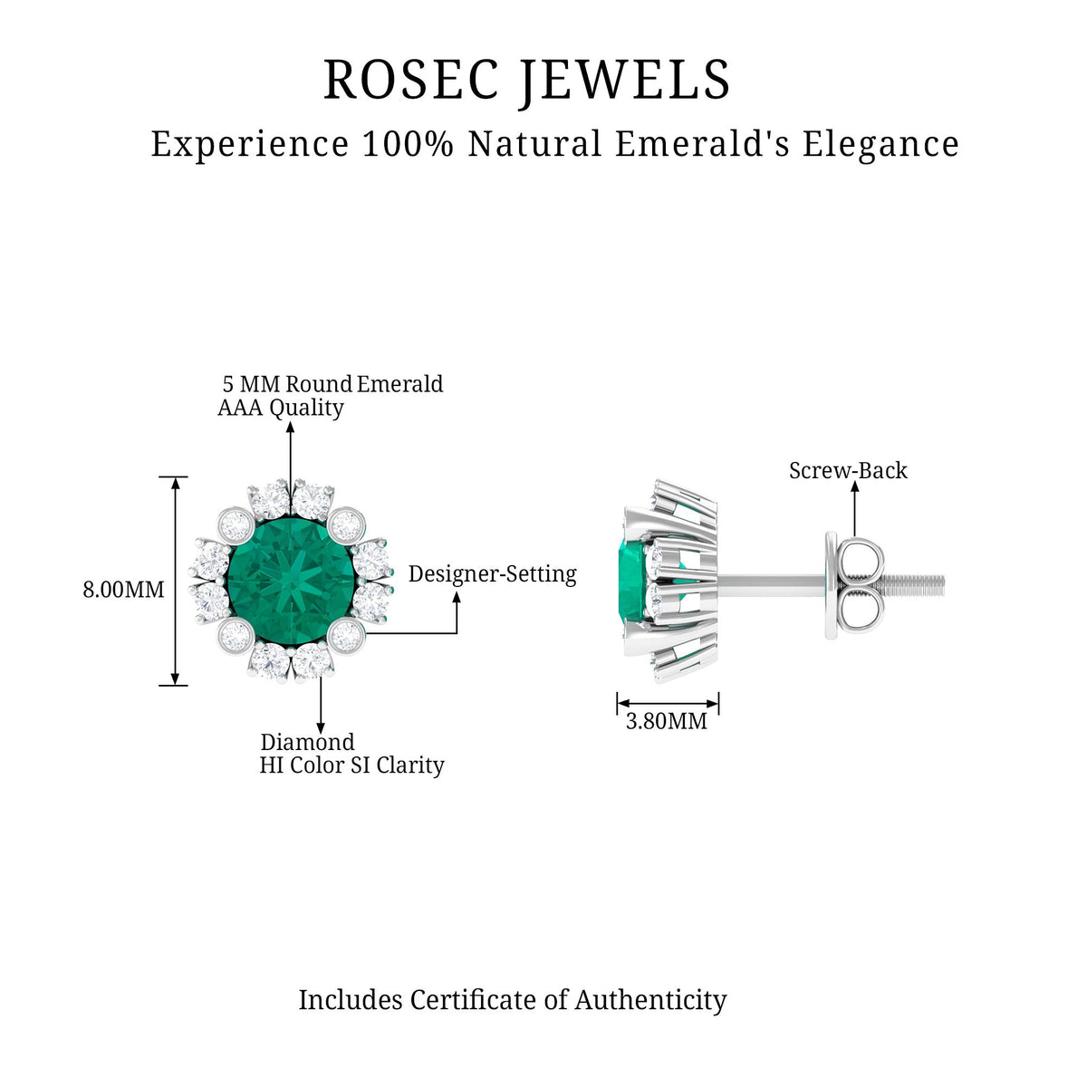 Real 0.99 carat emerald and diamond halo stud earrings by Rosec Jewels featuring sparkling gemstones and elegant design
