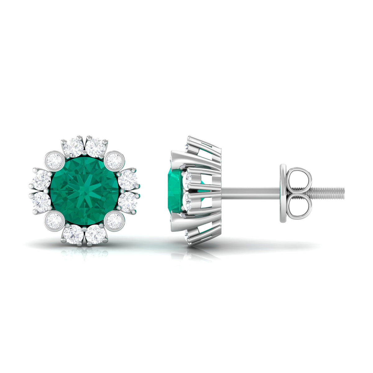 Real 0.99 carat emerald and diamond halo stud earrings by Rosec Jewels featuring sparkling gemstones and elegant design.