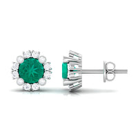 Real 0.99 carat emerald and diamond halo stud earrings by Rosec Jewels featuring sparkling gemstones and elegant design.