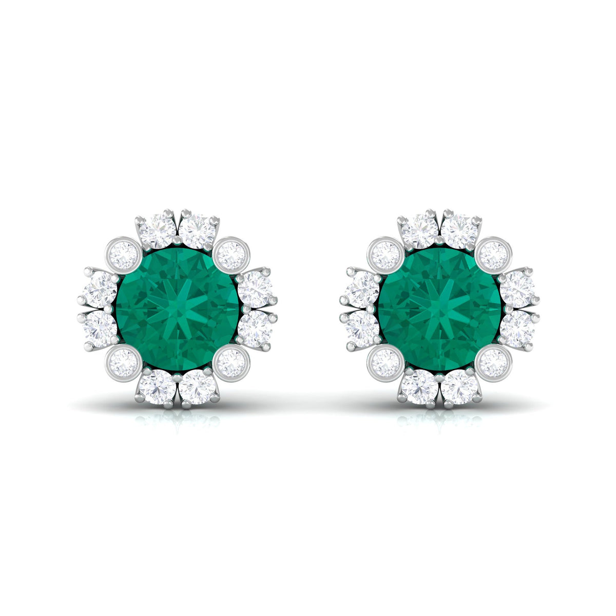 Real 0.99 carat emerald and diamond halo stud earrings by Rosec Jewels featuring sparkling emeralds surrounded by diamonds.