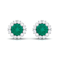 Real 0.99 carat emerald and diamond halo stud earrings by Rosec Jewels featuring sparkling emeralds surrounded by diamonds.