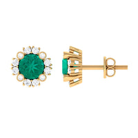 Real 0.99 carat emerald and diamond halo stud earrings by Rosec Jewels featuring sparkling gemstones and a classic design.