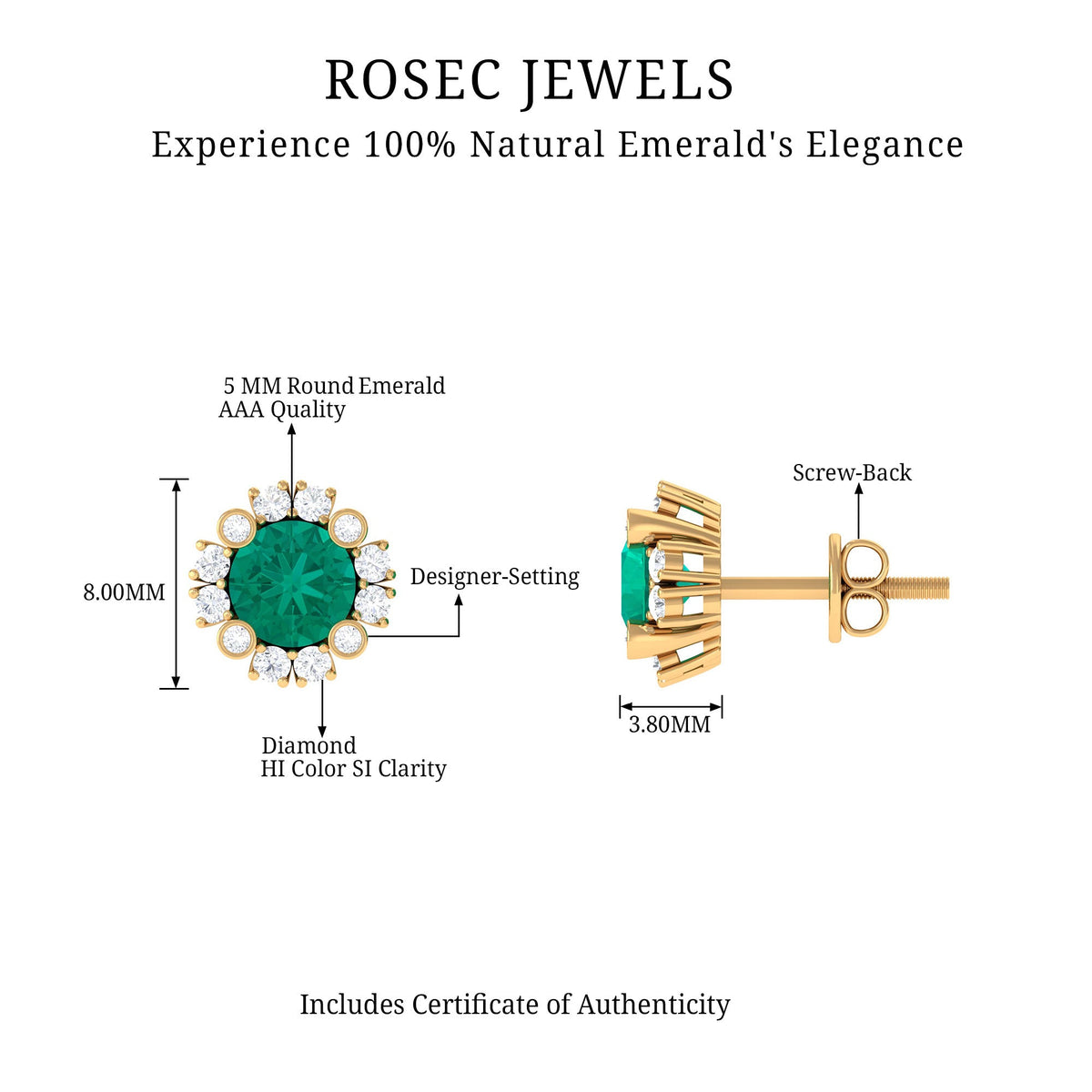 Real 0.99 carat emerald and diamond halo stud earrings by Rosec Jewels, featuring vibrant emeralds surrounded by sparkling diamonds.