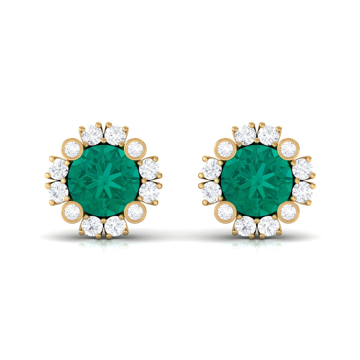 Real 0.99 carat emerald and diamond halo stud earrings by Rosec Jewels featuring sparkling gemstones and elegant design.