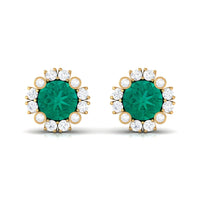 Real 0.99 carat emerald and diamond halo stud earrings by Rosec Jewels featuring sparkling gemstones and elegant design.