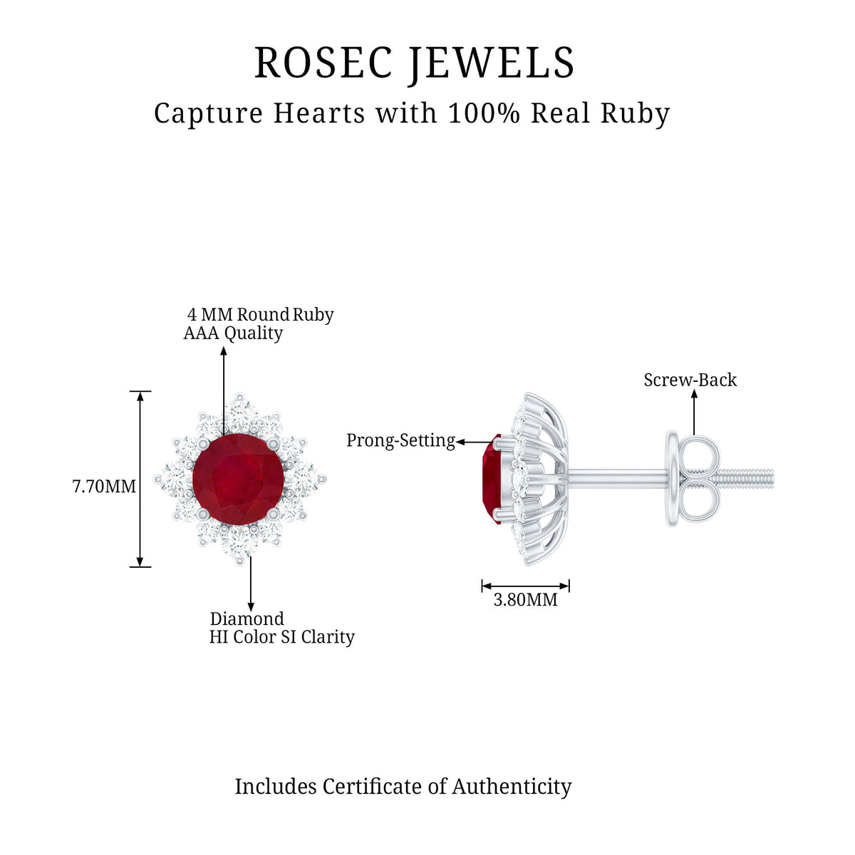 Natural ruby stud earrings with diamond halo from Rosec Jewels, featuring vibrant red rubies and sparkling diamond accents.
