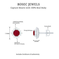 Natural ruby stud earrings with diamond halo from Rosec Jewels, featuring vibrant red rubies and sparkling diamond accents.