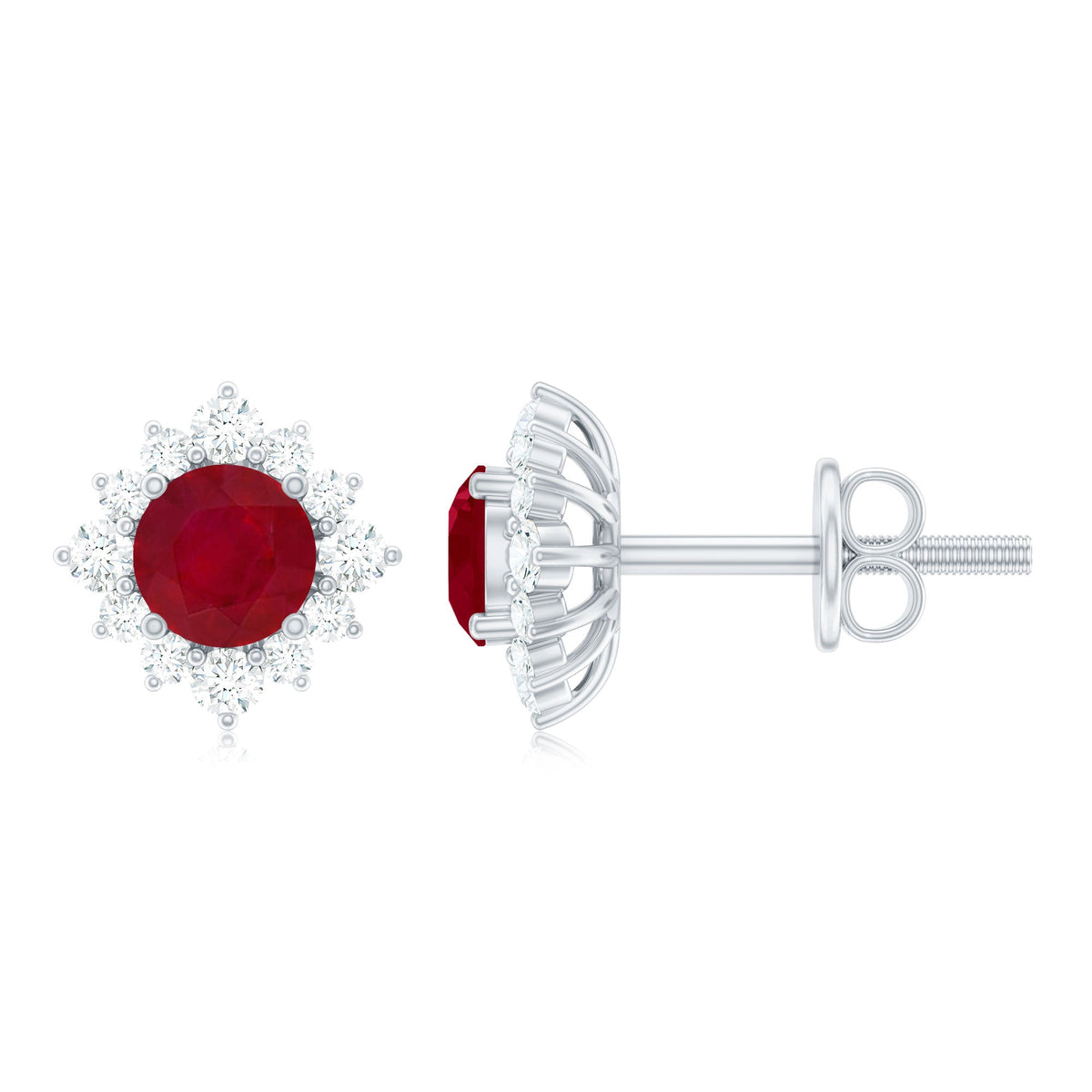 Natural ruby stud earrings with diamond halo from Rosec Jewels, showcasing vibrant red rubies and sparkling diamond accents.