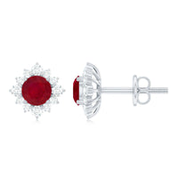 Natural ruby stud earrings with diamond halo from Rosec Jewels, showcasing vibrant red rubies and sparkling diamond accents.