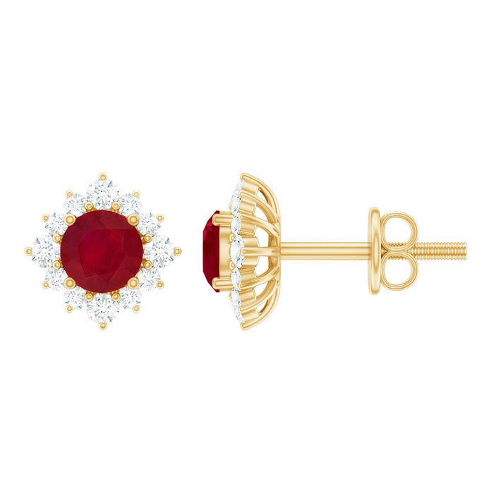 Natural ruby stud earrings with diamond halo from Rosec Jewels, showcasing sparkling red rubies and a delicate diamond surround.