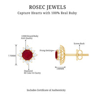 Natural ruby stud earrings with diamond halo from Rosec Jewels, showcasing vibrant red rubies and sparkling diamonds.