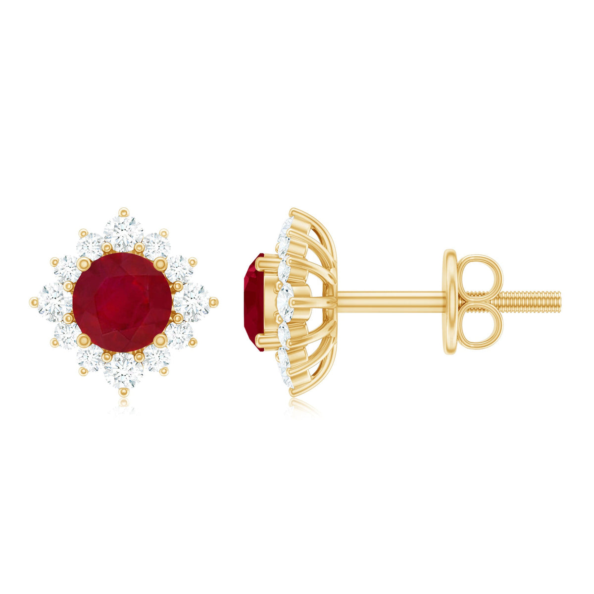 Natural ruby stud earrings with diamond halo from Rosec Jewels, featuring vibrant ruby gemstones and sparkling diamond accents.