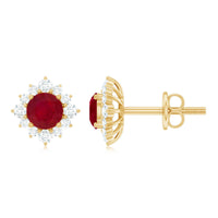 Natural ruby stud earrings with diamond halo from Rosec Jewels, featuring vibrant ruby gemstones and sparkling diamond accents.