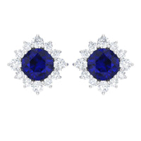Genuine 0.8 Carat Blue Sapphire Stud Earrings with Diamond Halo