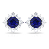 Genuine 0.8 Carat Blue Sapphire Stud Earrings with Diamond Halo