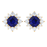 Genuine 0.8 Carat Blue Sapphire Stud Earrings with Diamond Halo