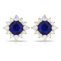 Genuine 0.8 Carat Blue Sapphire Stud Earrings with Diamond Halo