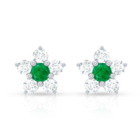 Real Emerald and Diamond Flower Cluster Stud Earrings