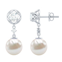 6 Carat Freshwater Pearl Flower Drop Earrings with Moissanite