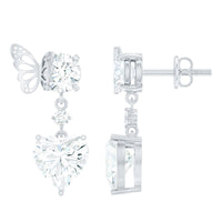 Heart-shaped 3 carat moissanite drop earrings with butterfly backs by Rosec Jewels, showcasing sparkling jewelry design on a white background.
