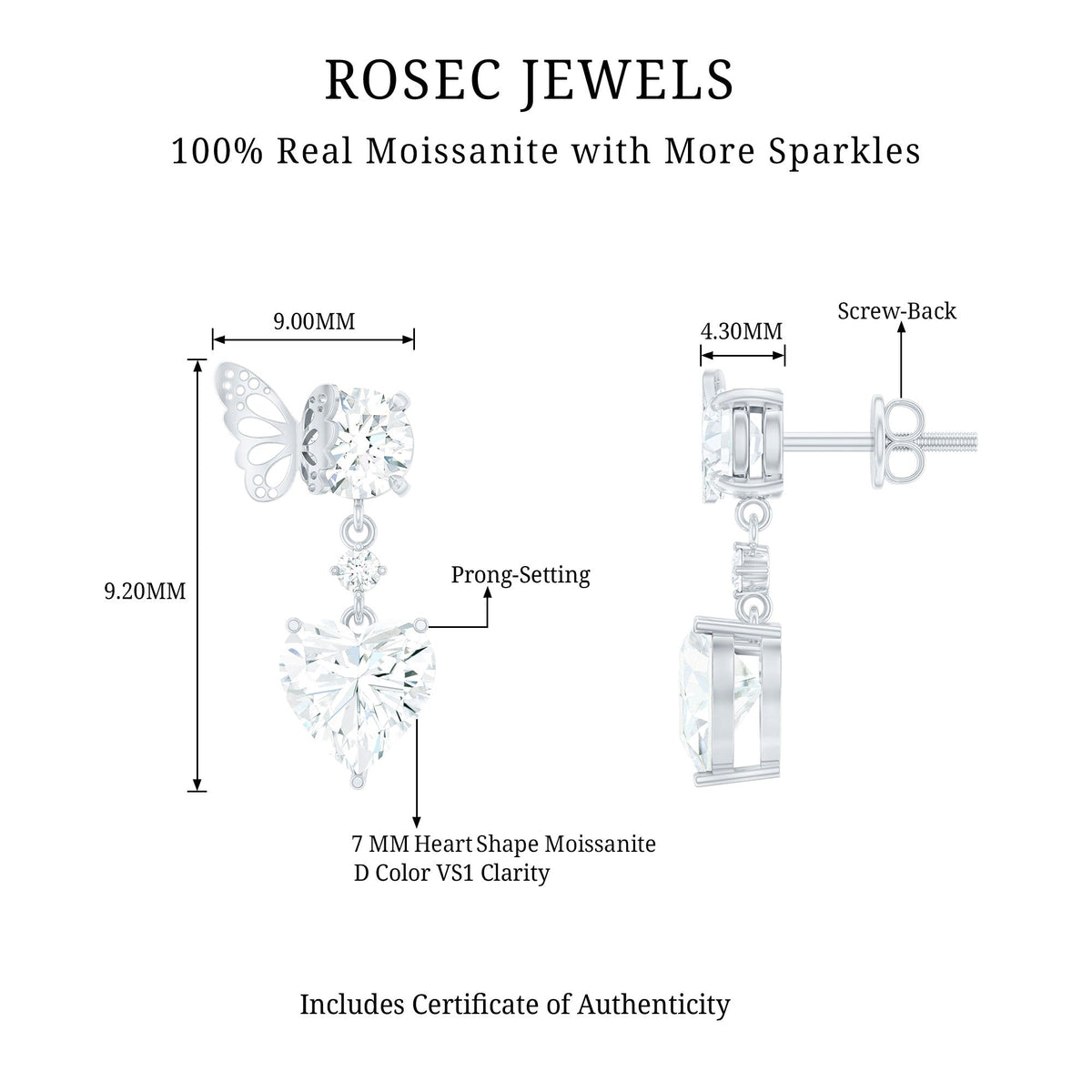 Heart-shaped 3 carat moissanite drop earrings with butterfly backs from Rosec Jewels, featuring sparkling gemstone design