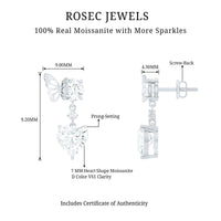 Heart-shaped 3 carat moissanite drop earrings with butterfly backs from Rosec Jewels, featuring sparkling gemstone design