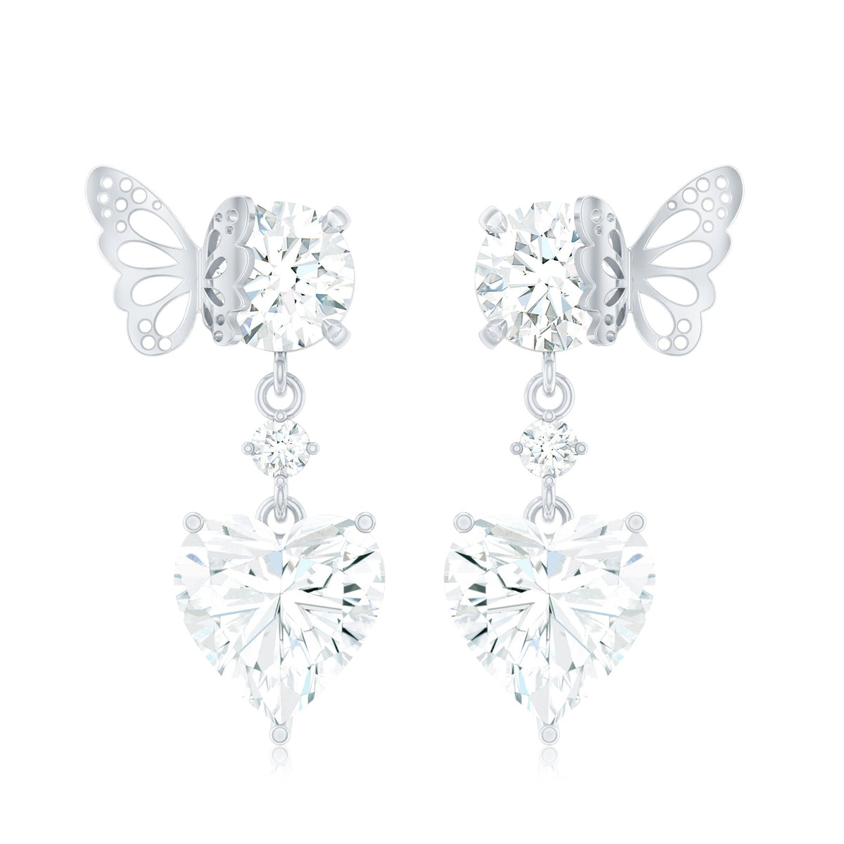 Heart-shaped 3 carat moissanite drop earrings with butterfly backs, elegant jewelry from Rosec Jewels.