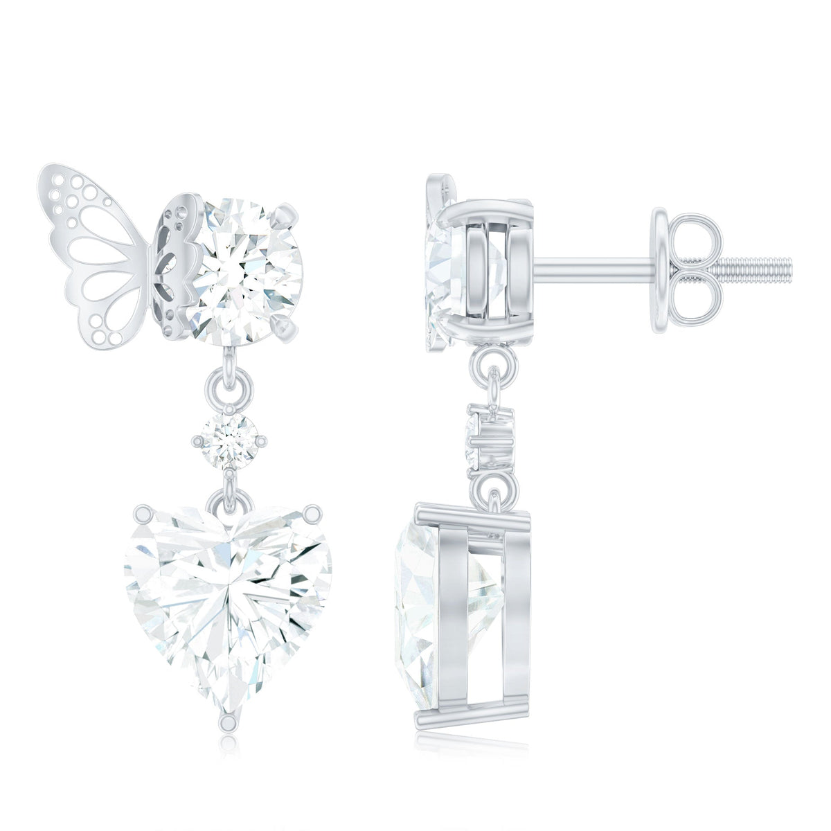 Heart-shaped 3-carat moissanite drop earrings with butterfly backs, crafted by Rosec Jewels, elegant and sparkling jewelry accessory.
