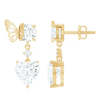 Heart-shaped 3-carat moissanite drop earrings with butterfly backing by Rosec Jewels, showcasing sparkling jewelry design.