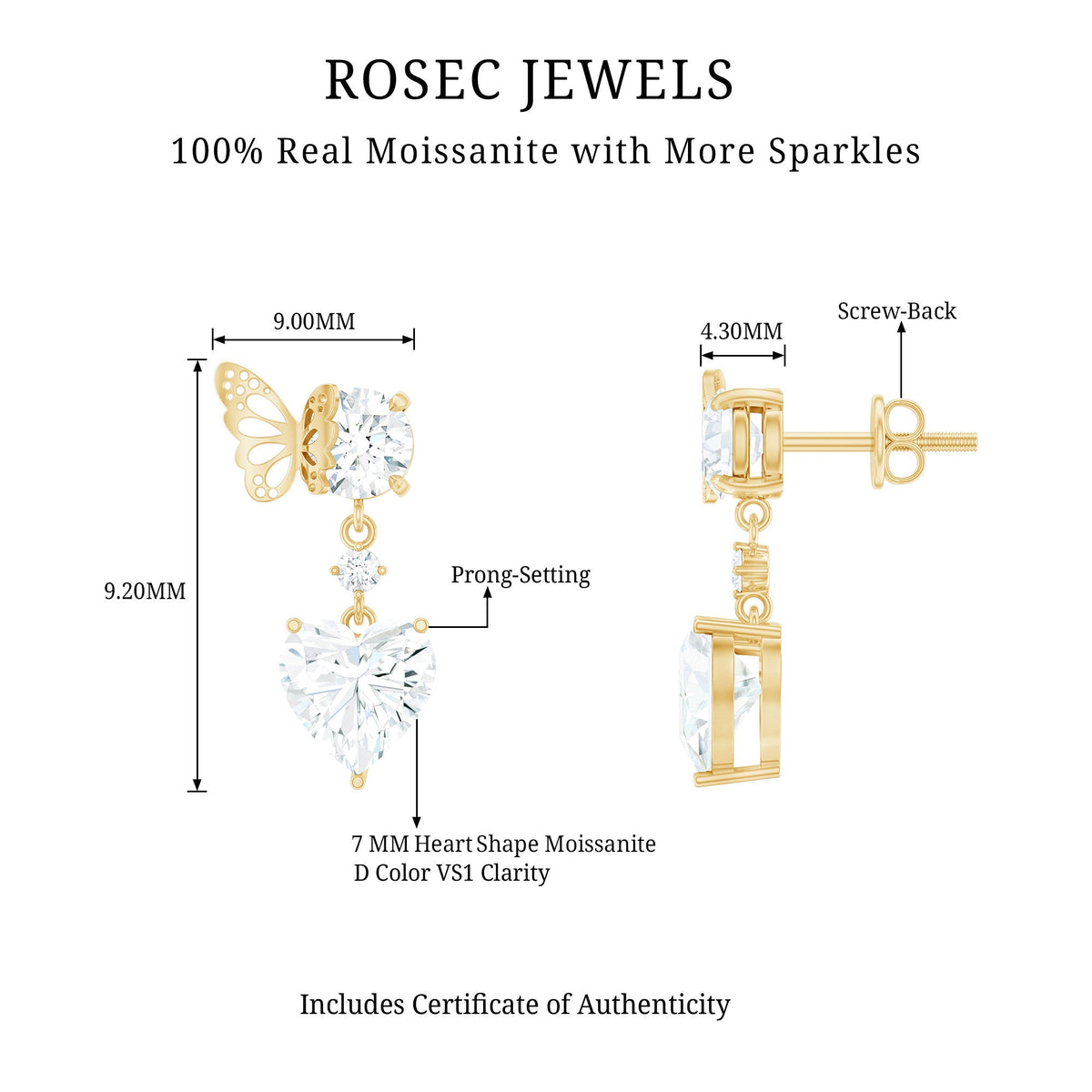 Heart-shaped 3-carat moissanite drop earrings with butterfly backs by Rosec Jewels, featuring sparkling gemstone and elegant design.