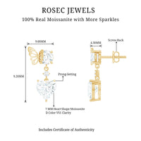 Heart-shaped 3-carat moissanite drop earrings with butterfly backs by Rosec Jewels, featuring sparkling gemstone and elegant design.