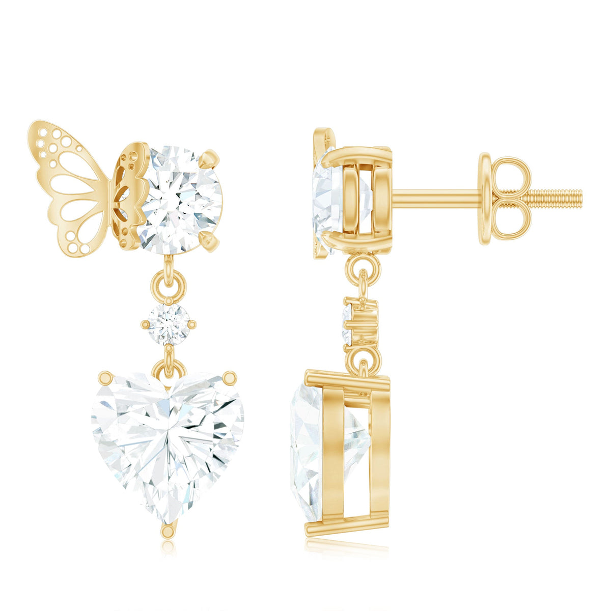 Heart-shaped moissanite drop earrings with butterfly backs by Rosec Jewels, featuring 3 carats of sparkling stones.