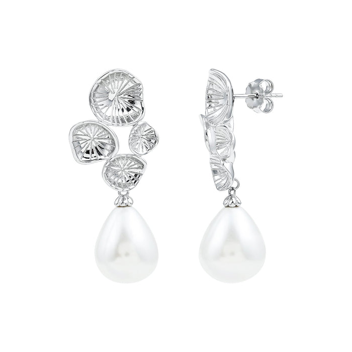 Elegant 24 carat freshwater cultured pearl dangling earrings in silver by Rosec Jewels, featuring lustrous pearls and delicate design.