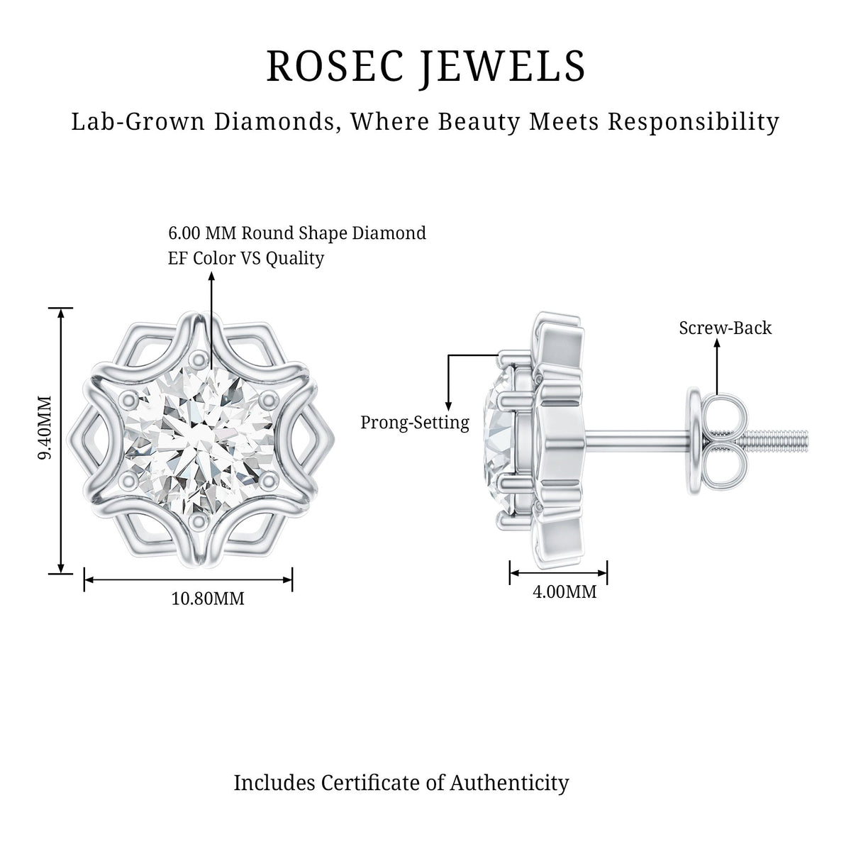 Lab Grown Diamond 1 Carat Stud Earrings With Screw Back