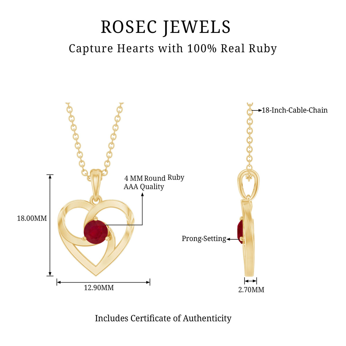 0.25 Carat Round Cut Solitaire Ruby Heart Pendant Necklace