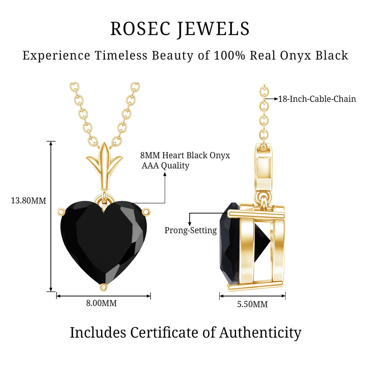 Heart-shaped black onyx solitaire pendant from Rosec Jewels, featuring a 2-carat black onyx gemstone in a sleek pendant design.