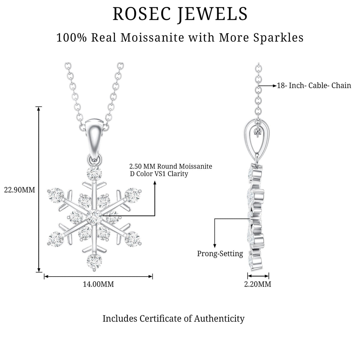 Certified Moissanite Snowflake Necklace Pendant for Women