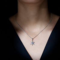 Contemporary Blue Sapphire and Diamond Snowflake Pendant Necklace