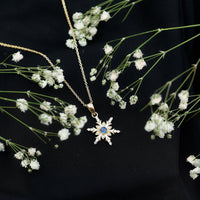 Contemporary Blue Sapphire and Diamond Snowflake Pendant Necklace