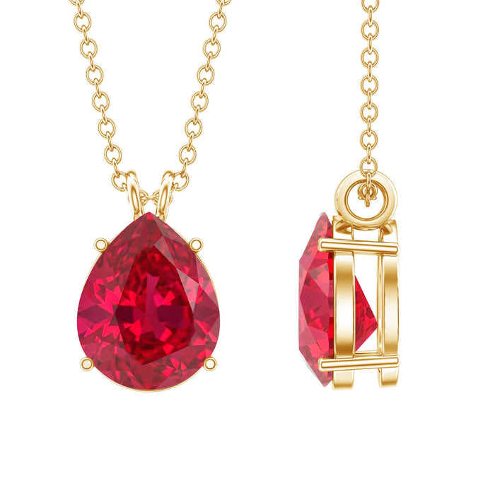 Pear-shaped 3 carat lab-grown ruby pendant necklace from Rosec Jewels featuring a solitaire design.