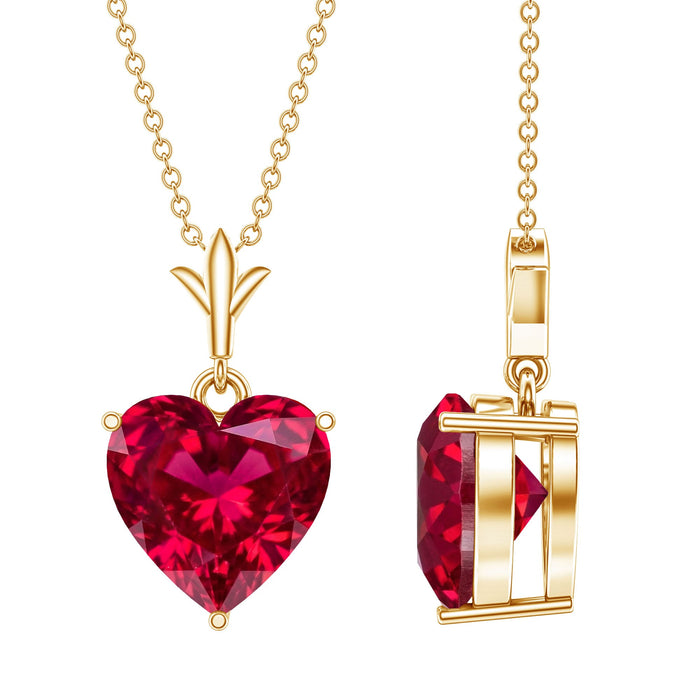 Lab grown ruby heart pendant necklace featuring a 3.5 carat solitaire ruby, crafted by Rosec Jewels.